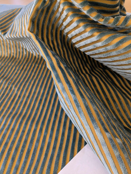 2.3yard Scalamandre Sofia Silk Velvet Stripe Blue and Gold Silk Pile Light Brown MSRP USD478/y