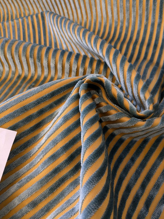2.3yard Scalamandre Sofia Silk Velvet Stripe Blue and Gold Silk Pile Light Brown MSRP USD478/y