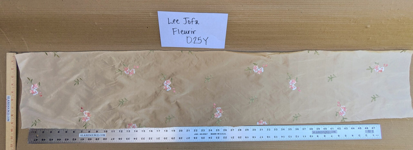 0.25 Y Lee Jofa Fleurir Silk Sand Pale Gold With Pink Flower Embroidery MSRPUSD188/Y