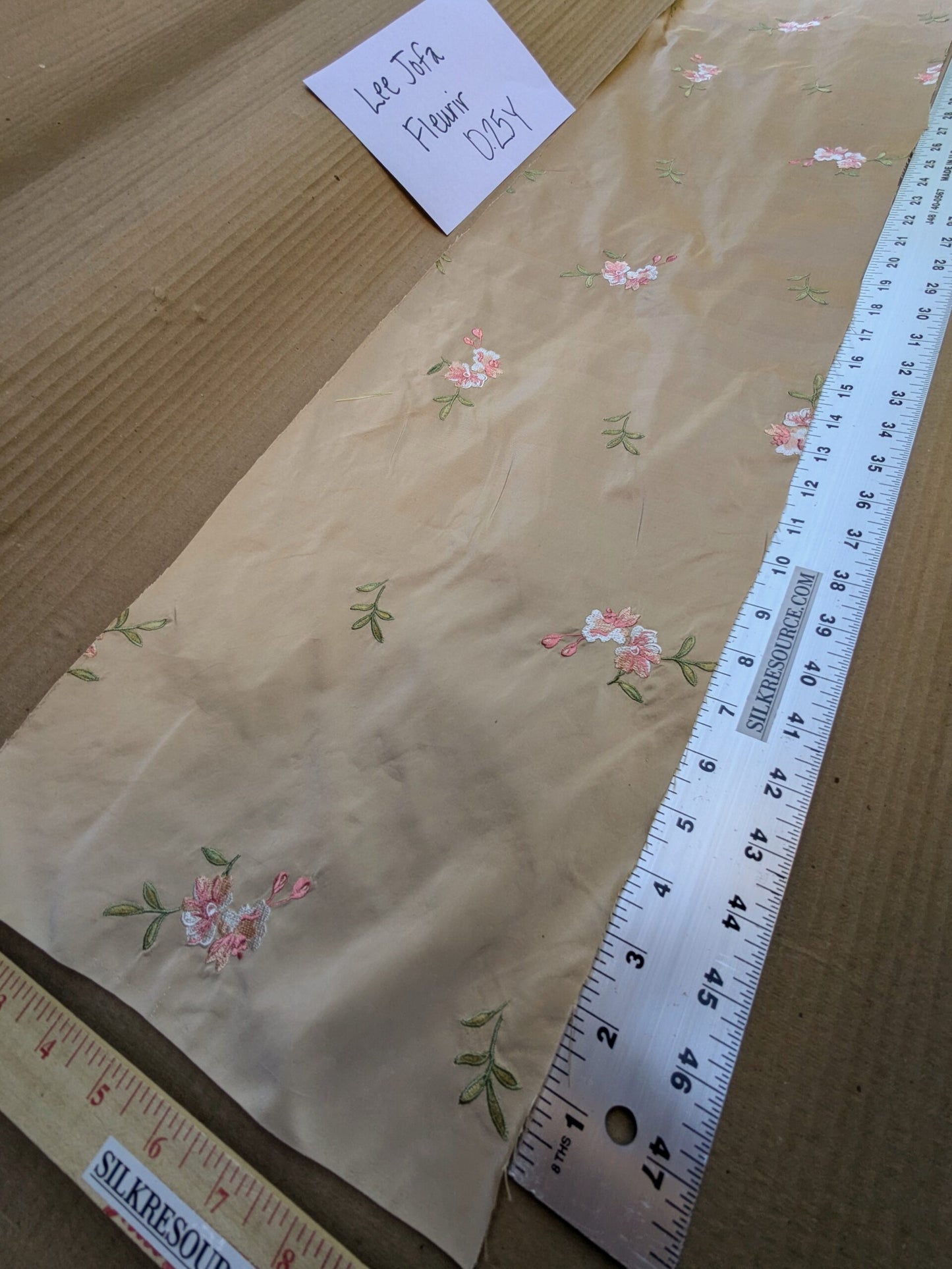 0.25 Y Lee Jofa Fleurir Silk Sand Pale Gold With Pink Flower Embroidery MSRPUSD188/Y