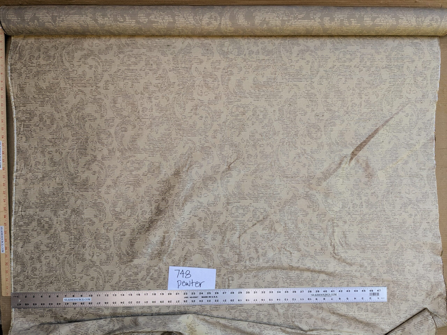 By Yard Filtered Sunray 100% Silk Damask Vine in Pin Stripe Paisley Pewter Tan Strie MSRP USD 275