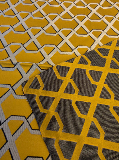 57 EV45 Square Scalamandre Lelievre Ribon Soufre Yellow White Black Jacquard Diamond Ogee Fretwork Lattice Large Jacquard MSRP USD 300+/y
