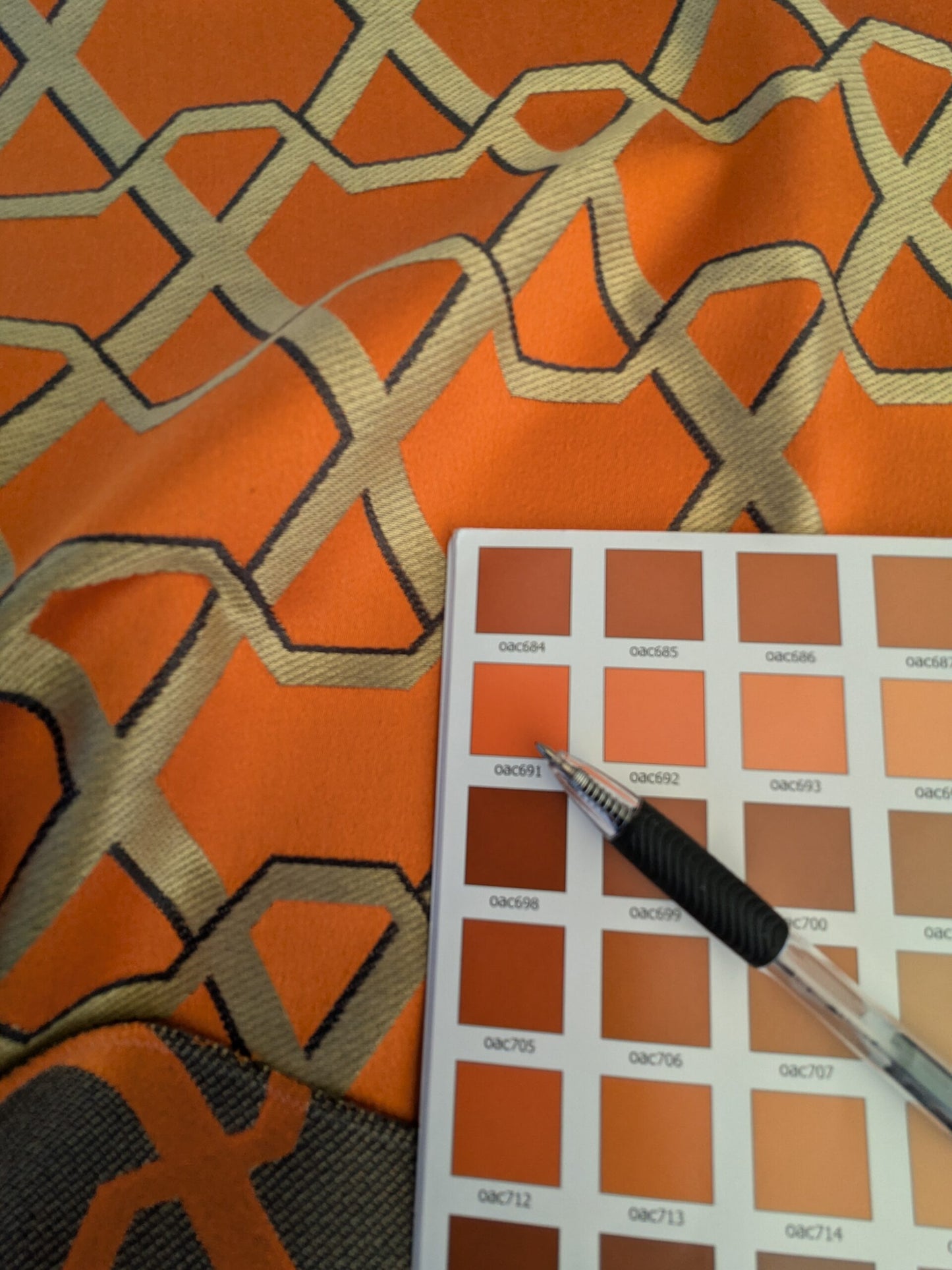 58 EV45 Square Scalamandre Lelievre Ribon Kumquat Orange White Black Jacquard Diamond Ogee Fretwork Lattice Large Jacquard MSRP USD 300+/y