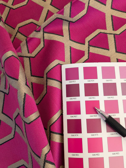 60 EV45 Square Scalamandre Lelievre Ribon Fuschia Pink Beige Jacquard Diamond Ogee Fretwork Lattice Large Jacquard MSRP USD 300+/y