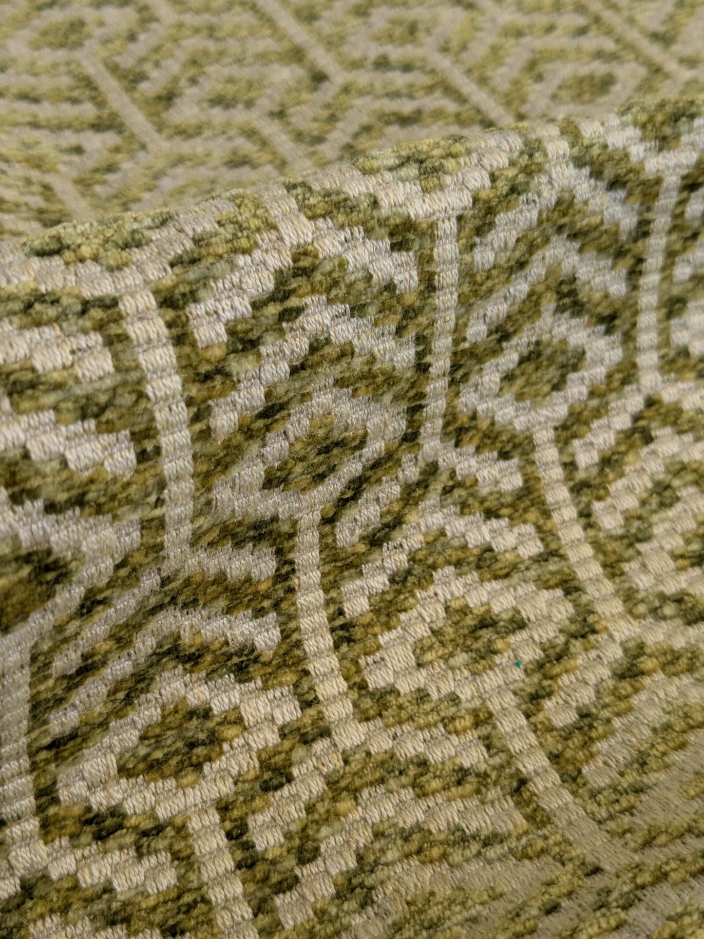 65 EV45 Square Scalamandre Old World Weavers Axial Spring Green White Diamond Ogee Geometric Small Scale MSRP USD 246/y