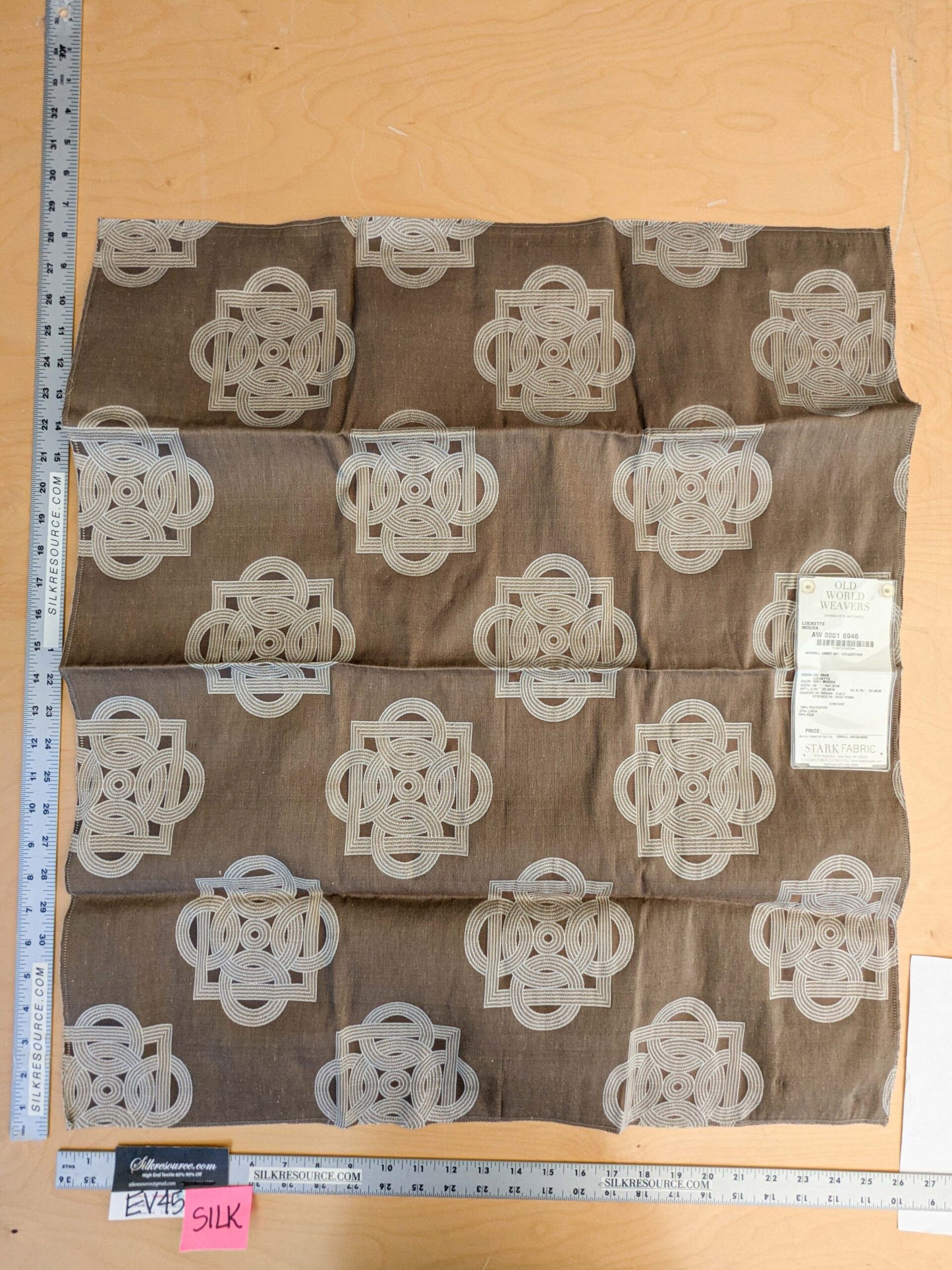 3 EV45 Silk blend Square 29" x 26" Scalamandre Old World Weaver Lockette Mocha Brown White Geometric Medallion Brown Small Jacquard