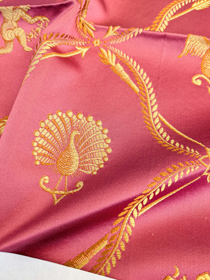 20 EV45 Silk Square 25" x 25" Lelievre Paris Lampas Suchet Red Gold Bird Animal Diamond Ogee Historic