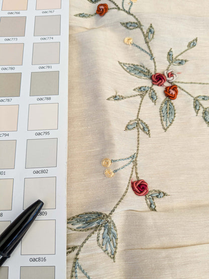 28 EV45 Silk Blend Square 26" x 27" Scalamandre Old World Weavers Nilima Spring Boquet Delicate Floral Vine Linen Silk Embroidery - Piece A