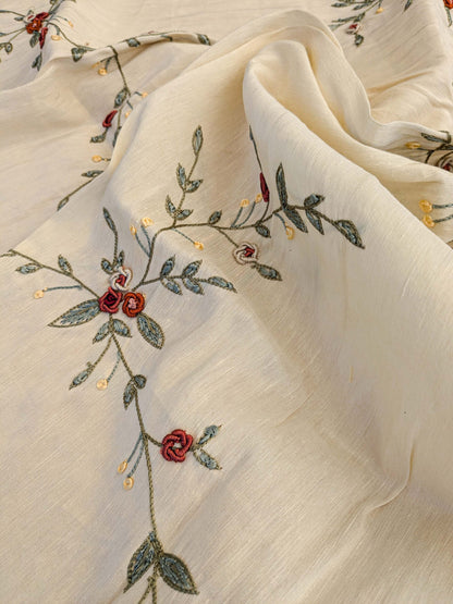 28 EV45 Silk Blend Square 26" x 27" Scalamandre Old World Weavers Nilima Spring Boquet Delicate Floral Vine Linen Silk Embroidery - Piece A