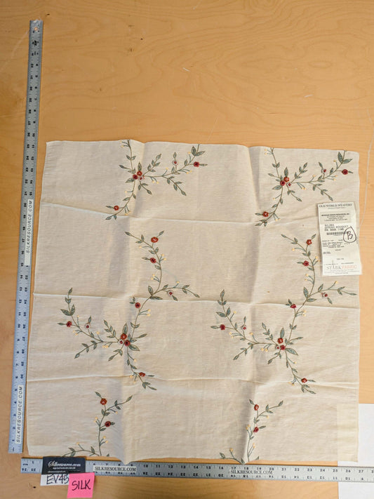 29 EV45 Silk Blend Square 25" x 27" Scalamandre Old World Weavers Nilima Spring Boquet Delicate Floral Vine Linen Silk Embroidery - Piece B