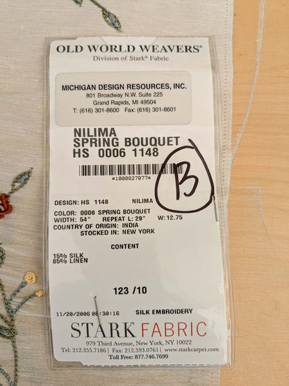29 EV45 Silk Blend Square 25" x 27" Scalamandre Old World Weavers Nilima Spring Boquet Delicate Floral Vine Linen Silk Embroidery - Piece B