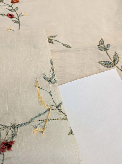 29 EV45 Silk Blend Square 25" x 27" Scalamandre Old World Weavers Nilima Spring Boquet Delicate Floral Vine Linen Silk Embroidery - Piece B