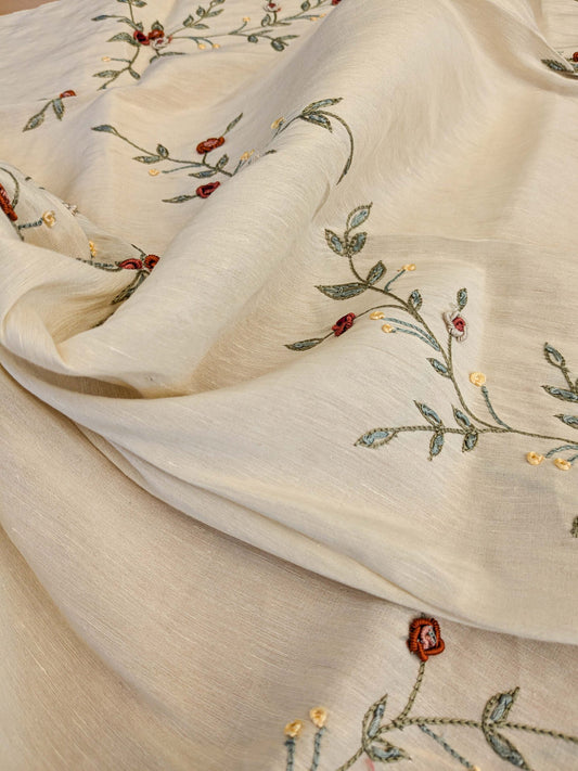 28 EV45 Silk Blend Square 26" x 27" Scalamandre Old World Weavers Nilima Spring Boquet Delicate Floral Vine Linen Silk Embroidery - Piece A