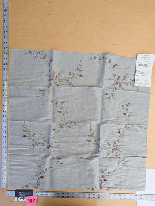 30 EV45 Silk Blend Square 26" x 26" Scalamandre Old World Weavers Nilima Barely Blue Delicate Floral Vine Linen Silk Embroidery