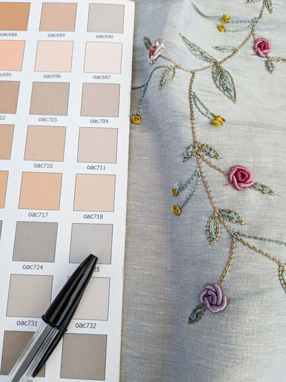 31 EV45 Silk Blend Square 33" x 26" Scalamandre Old World Weavers Nilima Barely Blue Delicate Floral Vine Linen Silk Embroidery