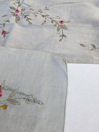 31 EV45 Silk Blend Square 33" x 26" Scalamandre Old World Weavers Nilima Barely Blue Delicate Floral Vine Linen Silk Embroidery