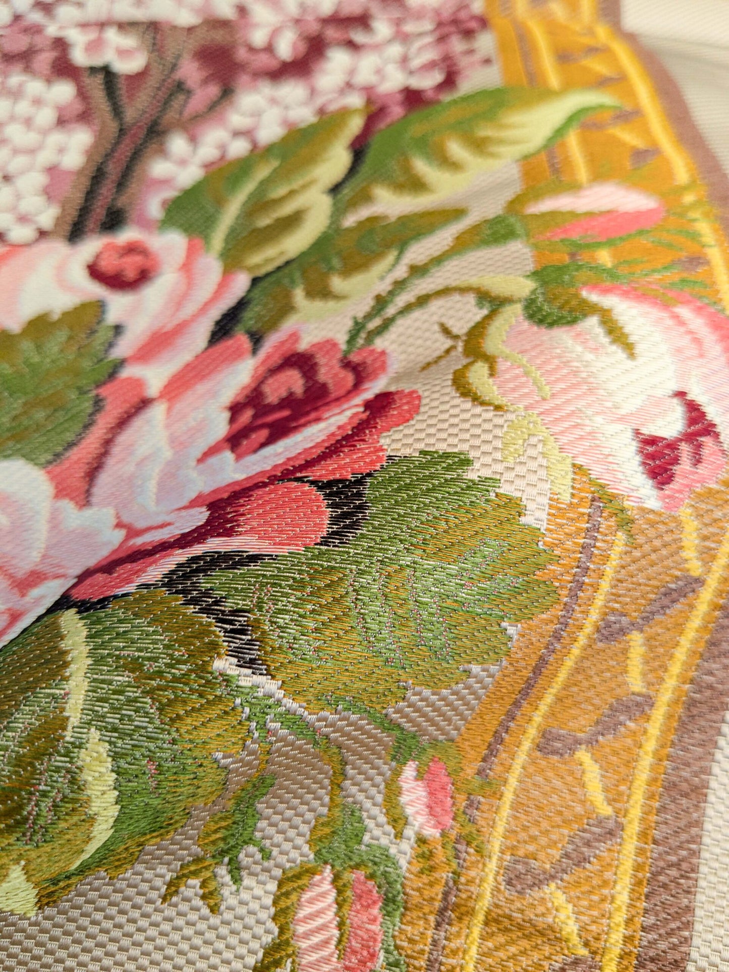 32 EV45 Silk Square 22" x 13" Tassinari and Chatel Rose and Lilas Bordure Floral Historic Stripe Medium Beige Red Green MSRP USD 1510/y