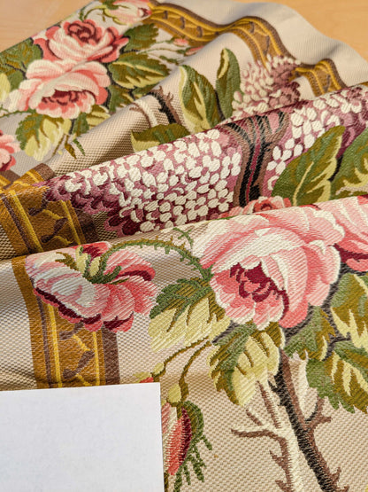32 EV45 Silk Square 22" x 13" Tassinari and Chatel Rose and Lilas Bordure Floral Historic Stripe Medium Beige Red Green MSRP USD 1510/y
