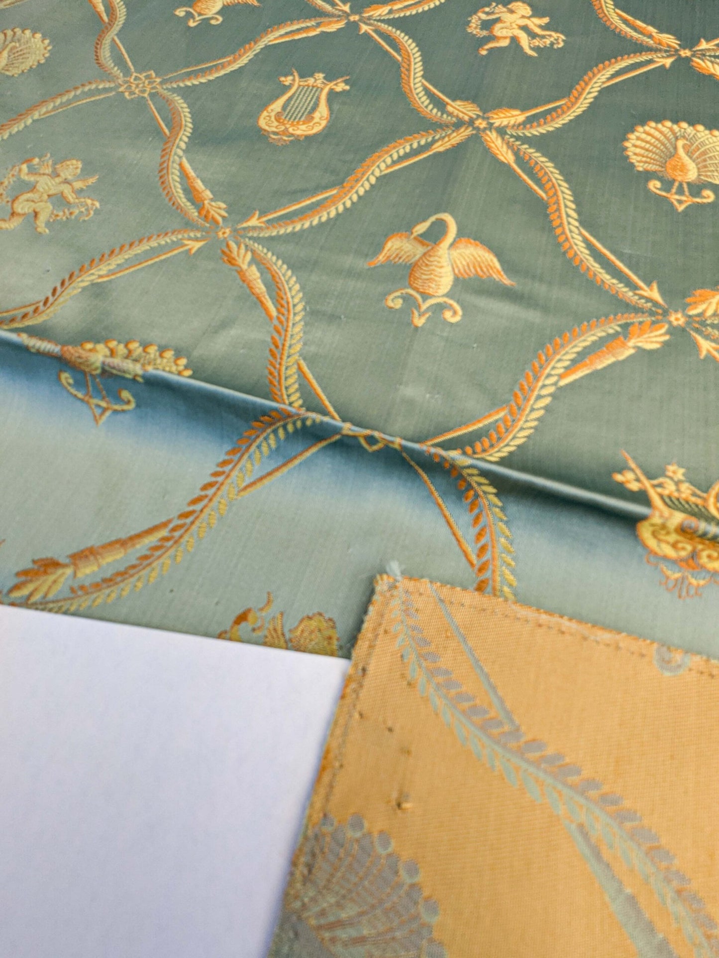 34 EV45 Silk Square 25" x 26" Lelievre Paris Lampas Suchet Blue Gold Bird Animal Diamond Ogee Historic