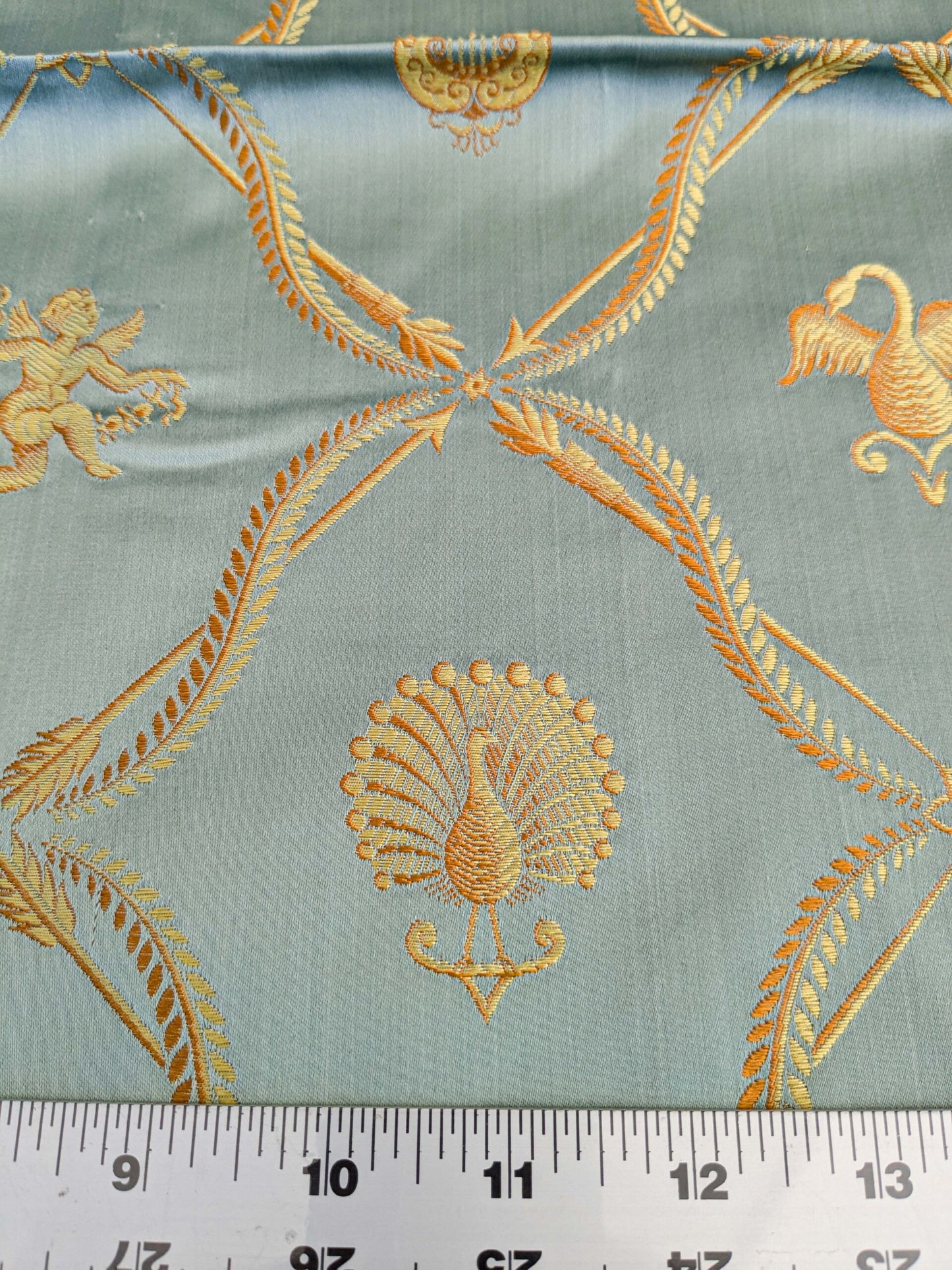 34 EV45 Silk Square 25" x 26" Lelievre Paris Lampas Suchet Blue Gold Bird Animal Diamond Ogee Historic