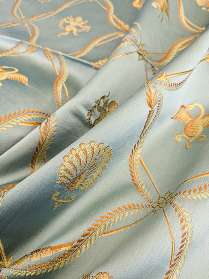 34 EV45 Silk Square 25" x 26" Lelievre Paris Lampas Suchet Blue Gold Bird Animal Diamond Ogee Historic