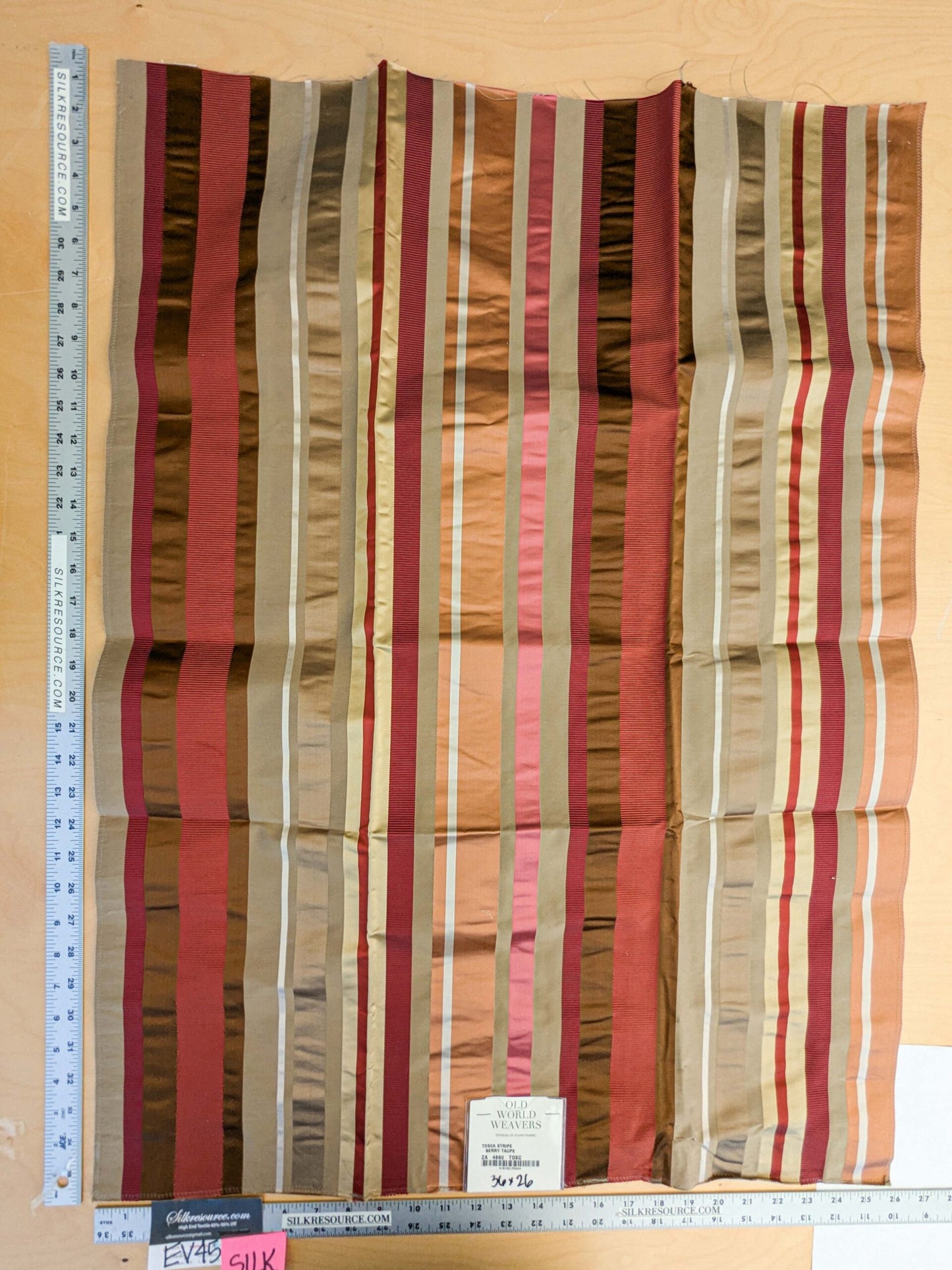 35 EV45 Silk Blend Square 36" x 26" Tosca Stripe Berry Taupe Red Brown Silk Stripe Satin
