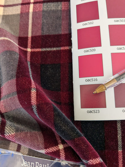 19 EV46 Velvet Square Scalamandre Jean Paul Gaultier Kilt Printed Velvet Bordeaux Red Beige Cotton Plaid MSRP USD622/y