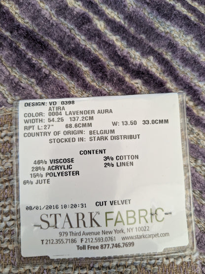 38 EV46 Velvet Square 23" x 25"  Scalamandre Old World Weavers Atira Lavender Aura Purple Stripe Texture Cut Velvet