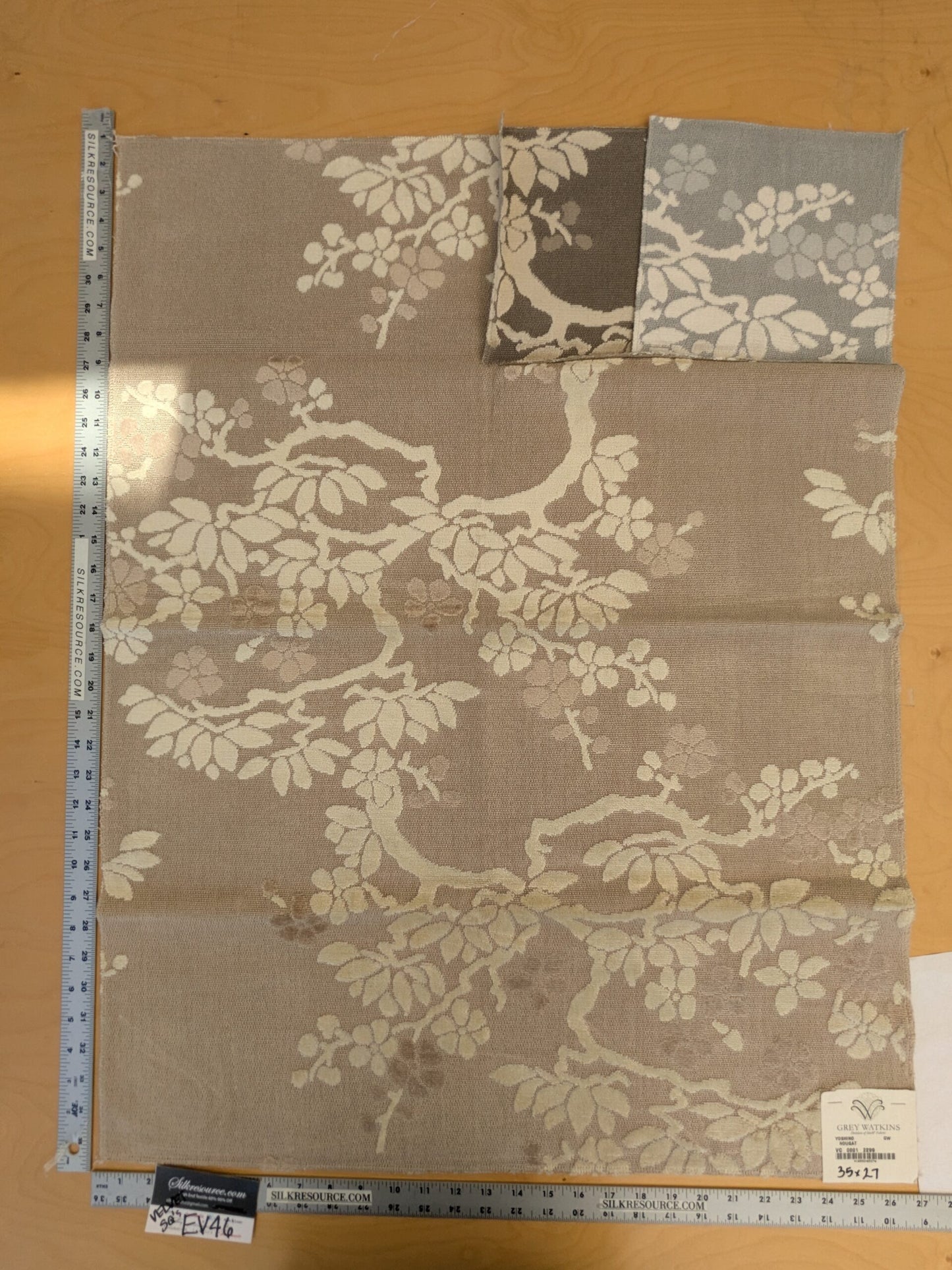 39 EV46 Velvet Square 35" x 27" Scalamandre Grey Watkins Yoshino Nougat Cut Velvet Light Brown Tree foliage Botanical