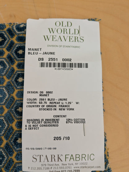 48 EV46 Velvet Square 26"x27" Scalamandre Old World Weavers Manet Bleu Jaune Blue Geometric Small Scale Texture