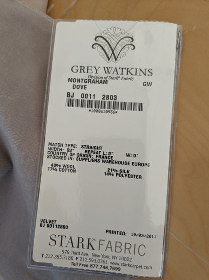 49 EV46 Velvet Square 12" x 26" Scalamandre Grey Watkins Montgraham Dove Brown Solid Silk Wool Velvet