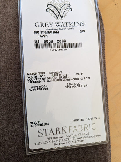 50 EV46 Velvet Square 12" x 26" Scalamandre Grey Watkins Montgraham Fawn Brown Solid Silk Wool Velvet