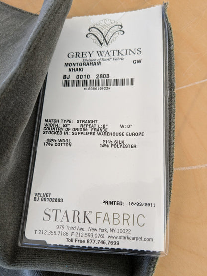 51 EV46 Velvet Square 12" x 26" Scalamandre Grey Watkins Montgraham Khaki Black Solid Silk Wool Velvet