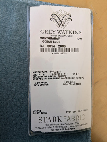 52 EV46 Velvet Square 12" x 26" Scalamandre Grey Watkins Montgraham Ocean Blue Solid Silk Wool Velvet