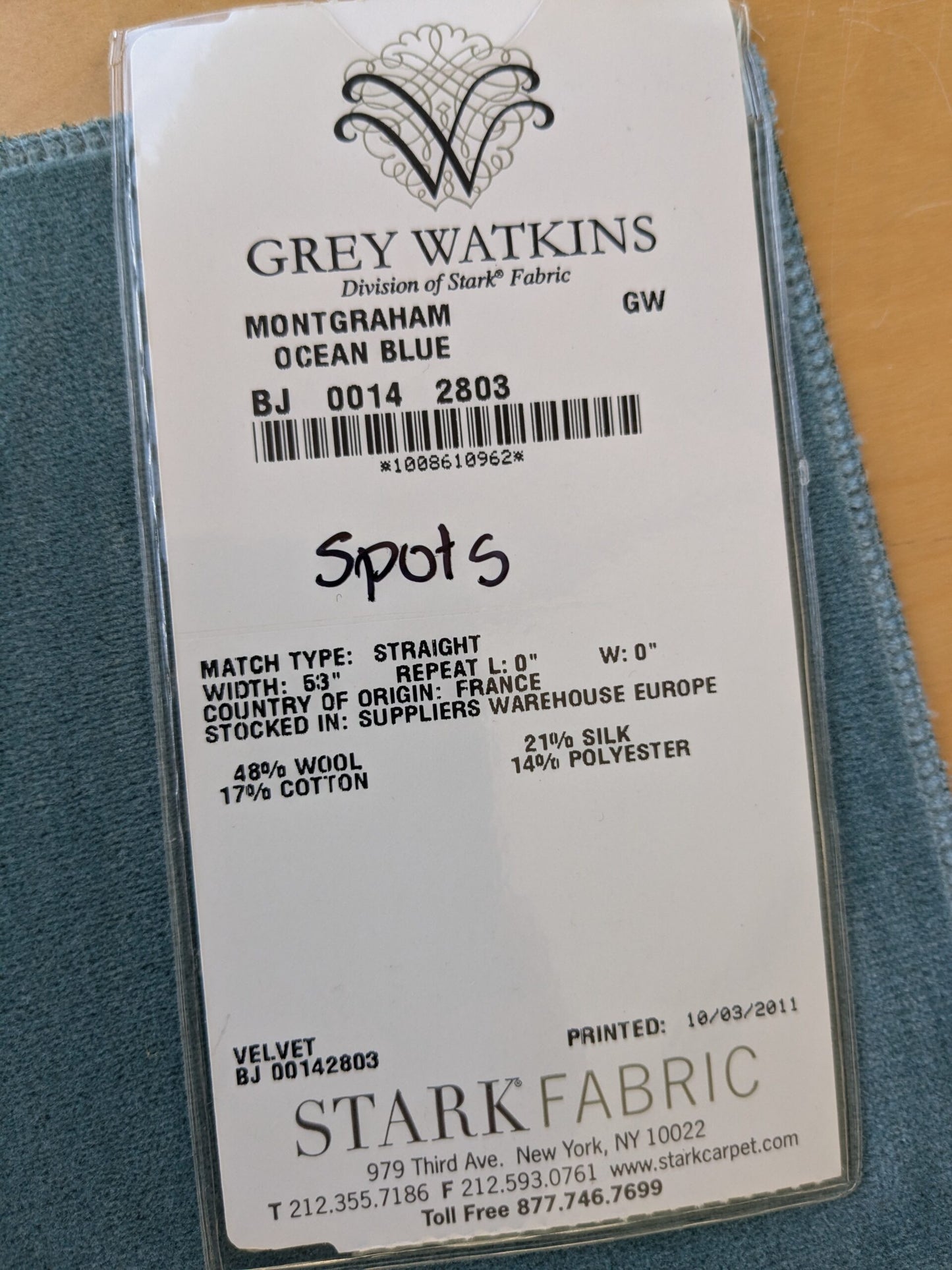 53 EV46 Velvet Square 12" x 26" Scalamandre Grey Watkins Montgraham Ocean Blue Solid Silk Wool Velvet Stain!