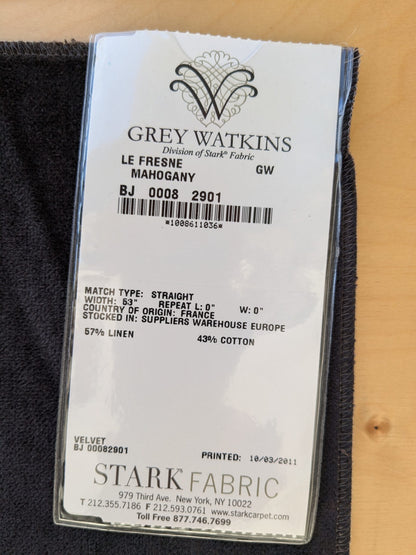 61 EV46 Velvet Square 12" x 26" Scalamandre Grey Watkins Le Fresne  Mahogany Linen Velvet Solid Dark Brown