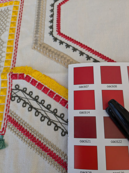 2 EV47 Square Scalamandre Lelievre Paris Kayapo Red Yellow Black on Cream White Embroidery Geometric Graphic MSRP USD 826/y