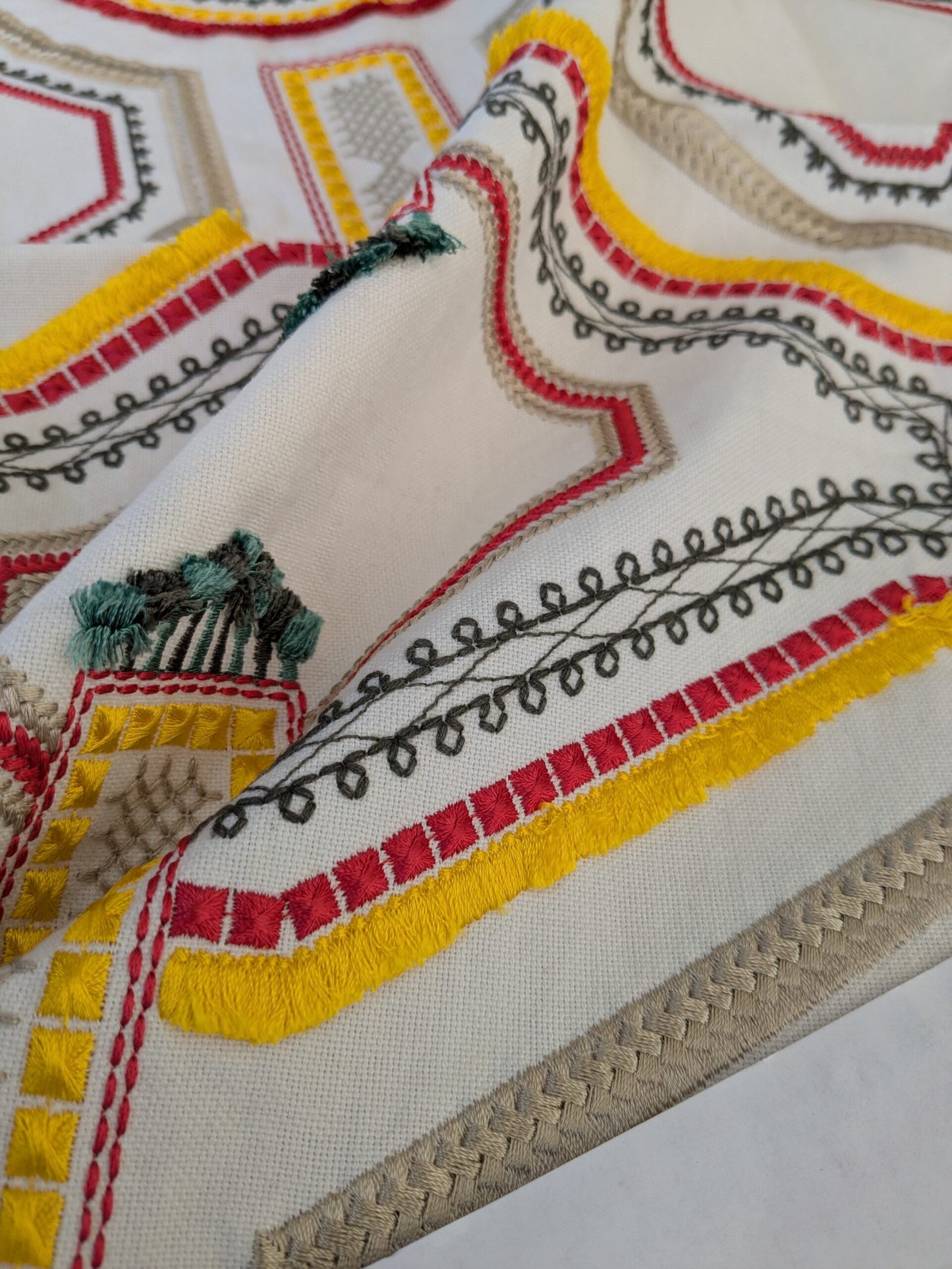 2 EV47 Square Scalamandre Lelievre Paris Kayapo Red Yellow Black on Cream White Embroidery Geometric Graphic MSRP USD 826/y