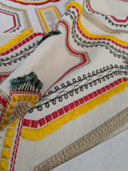 2 EV47 Square Scalamandre Lelievre Paris Kayapo Red Yellow Black on Cream White Embroidery Geometric Graphic MSRP USD 826/y