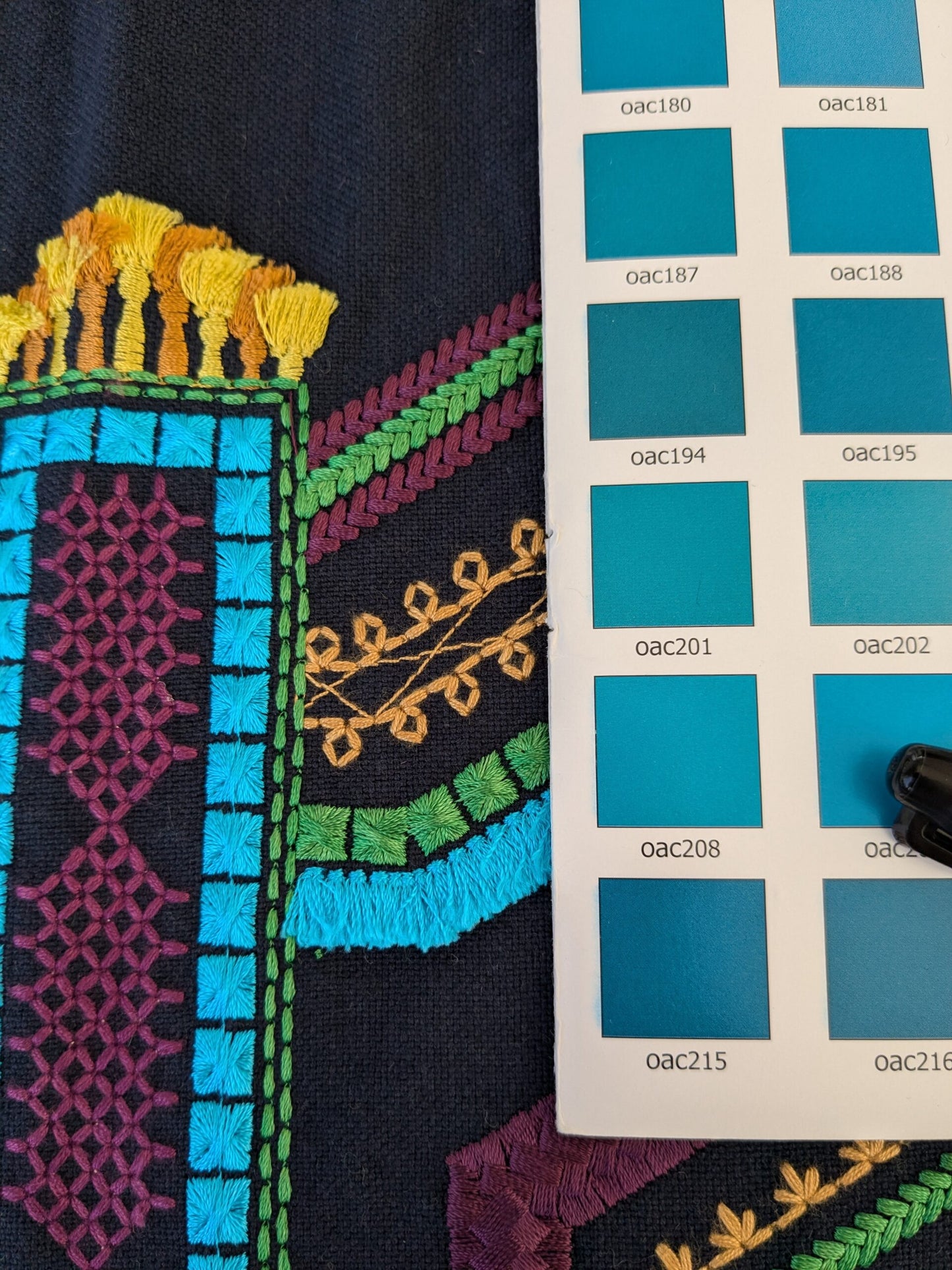 3 EV47 Square Scalamandre Lelievre Paris Kayapo Aqua Green Deep Red on Black Embroidery Geometric Graphic MSRP USD 826/y