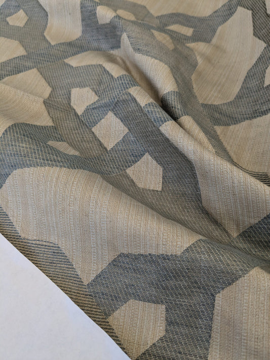 20 EV47 Square Scalamandre Alexander Carbon Moired Jacquard Light Brown and Blue Geomertric Fretwork Lattice