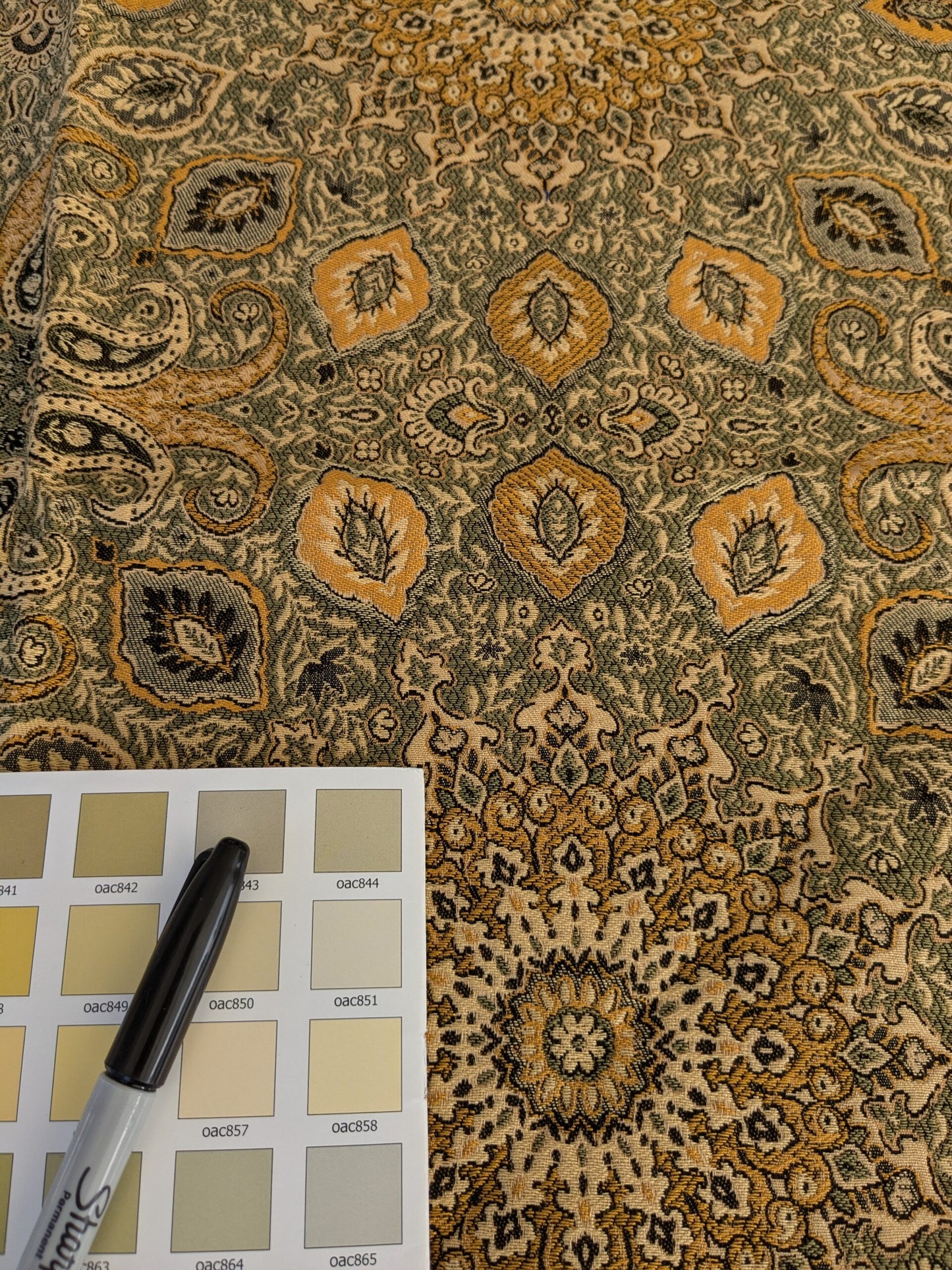 53 EV47 Square Scalamandre Grey Watkins Bessarabia Reseda Green Gold Arabic Brocade Paisley MSRP USD 264/Y 25"x 25"