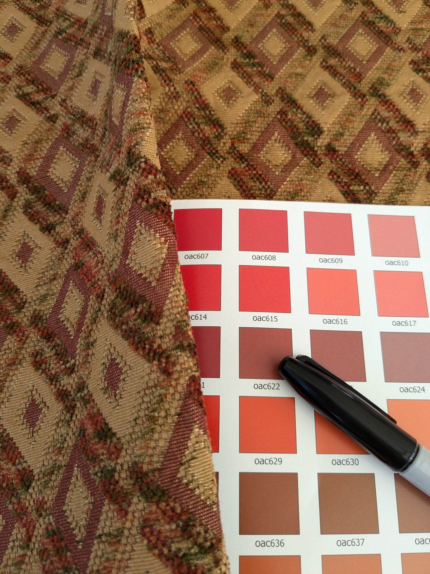 57 EV47 Square Scalamandre Fonthill Gemma Autumn Cider Diamond Ogee Red Brown