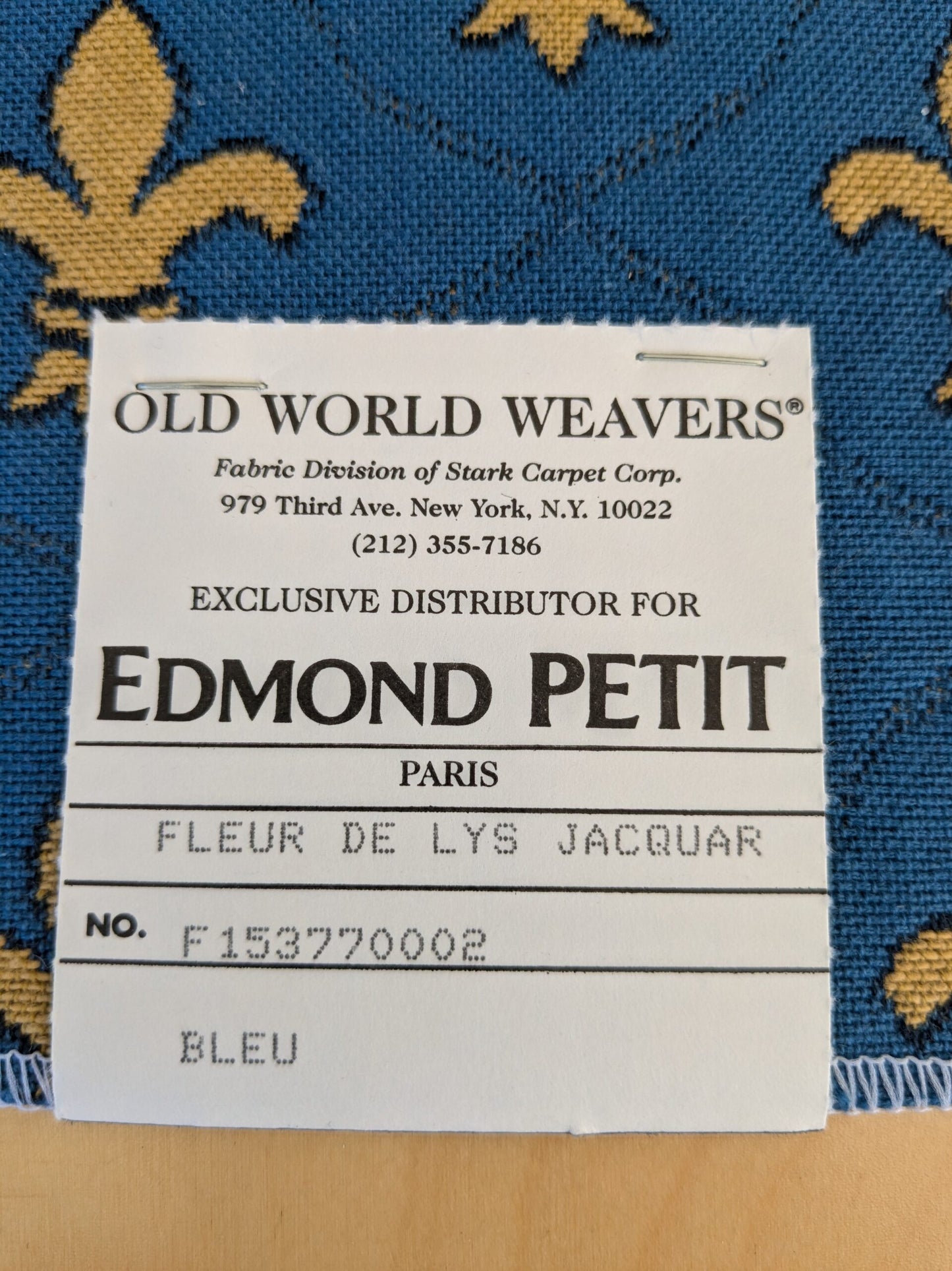 67 EV47 Square Old World Weavers Edmon Petit Fleur De Lys Jacquard Bleu Art Deco Novelty Small Scale Cotton 24"x26"