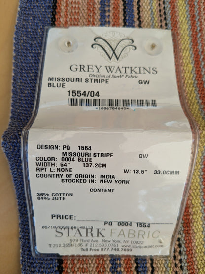 70 EV47 Square Scalamandre Grey Watkins Missouri Stripe Blue Orange Yellow Jute Cotton