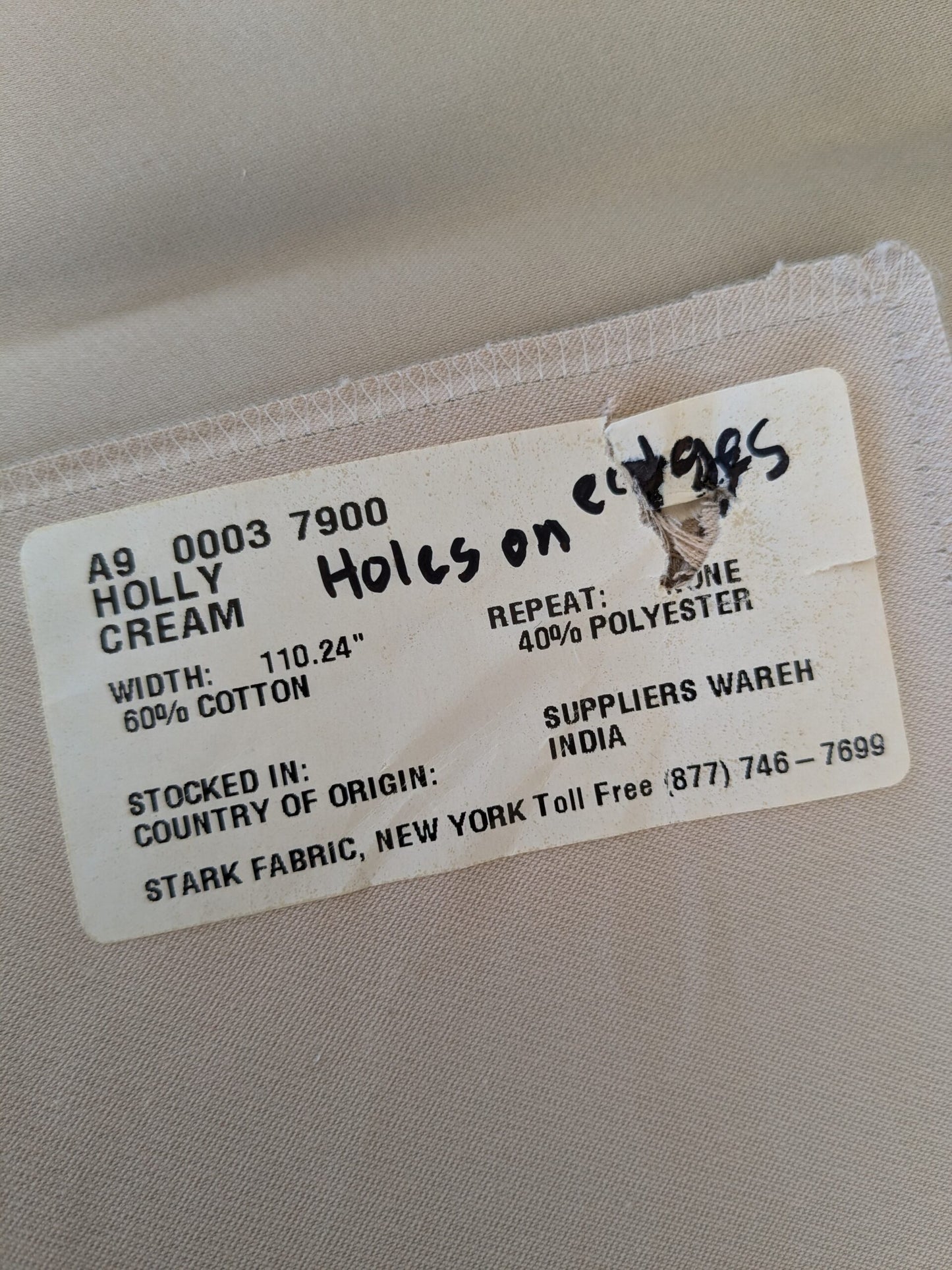 72 EV47 Square Scalamandre Holly Cream Cotton Polyester Plain Solid - Holes on edges