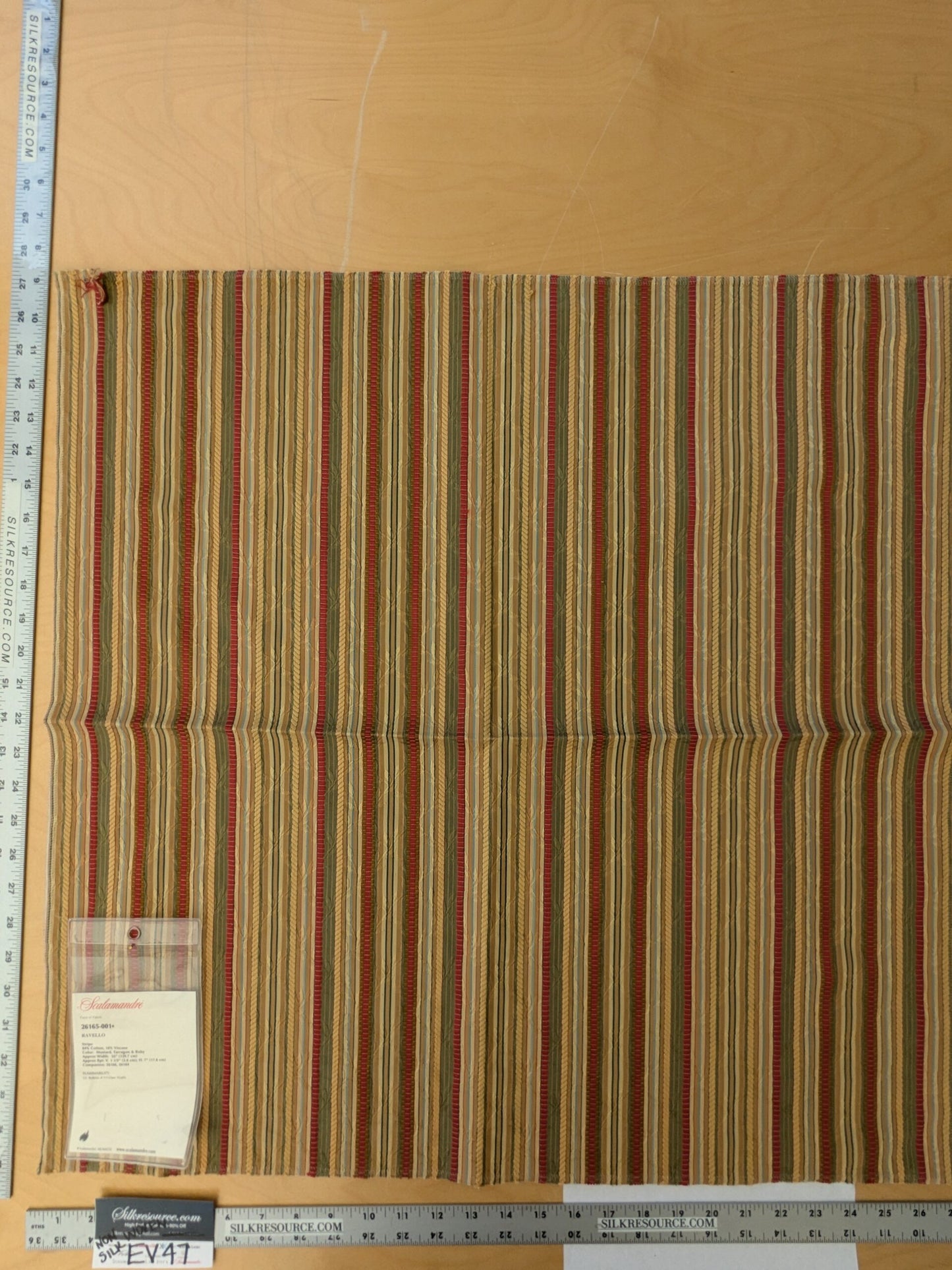 99 EV47 Square Scalamandre Ravello Stripe Mustard Tarragon and Ruby Cotton Green Beige Red