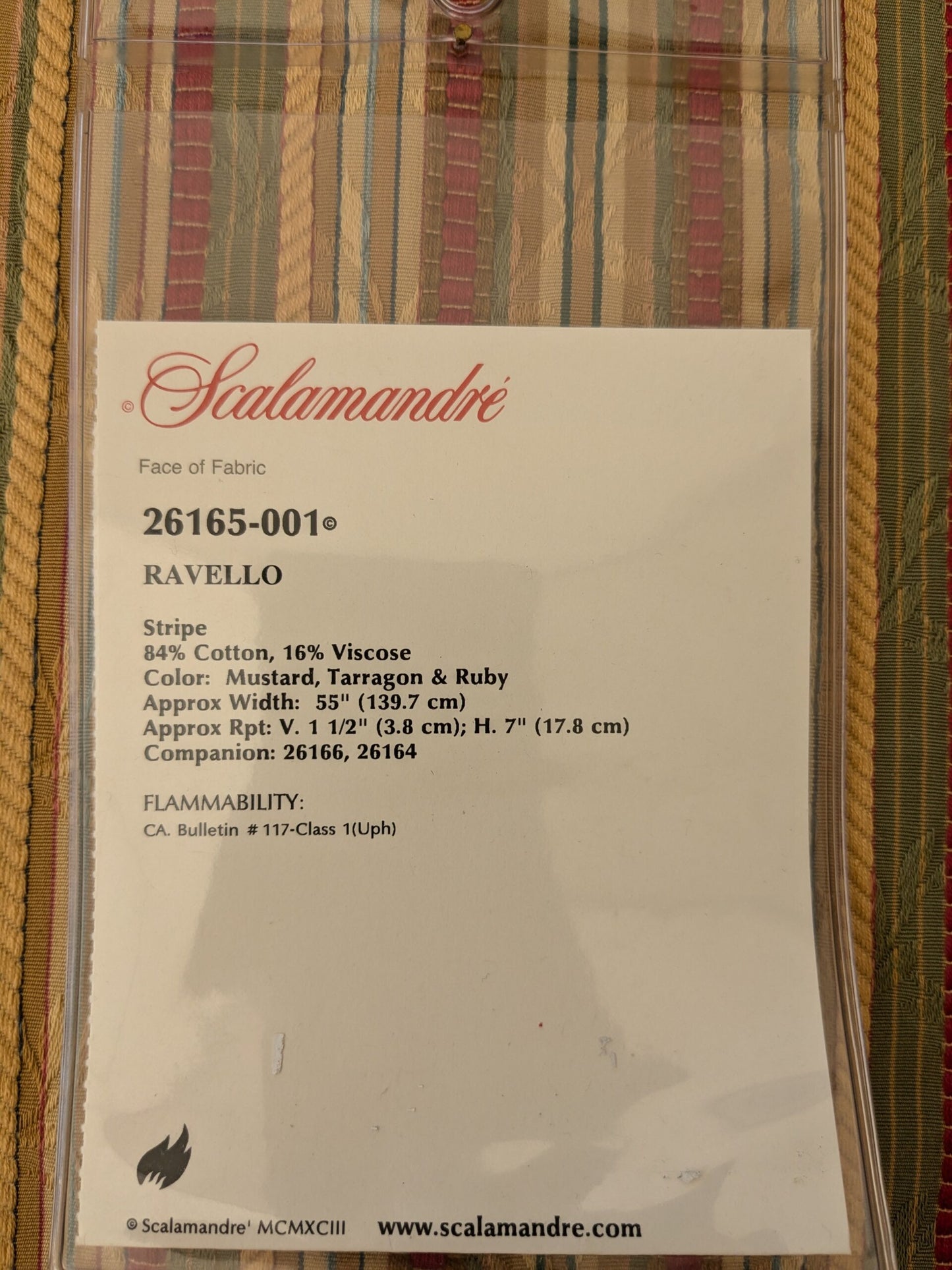 99 EV47 Square Scalamandre Ravello Stripe Mustard Tarragon and Ruby Cotton Green Beige Red
