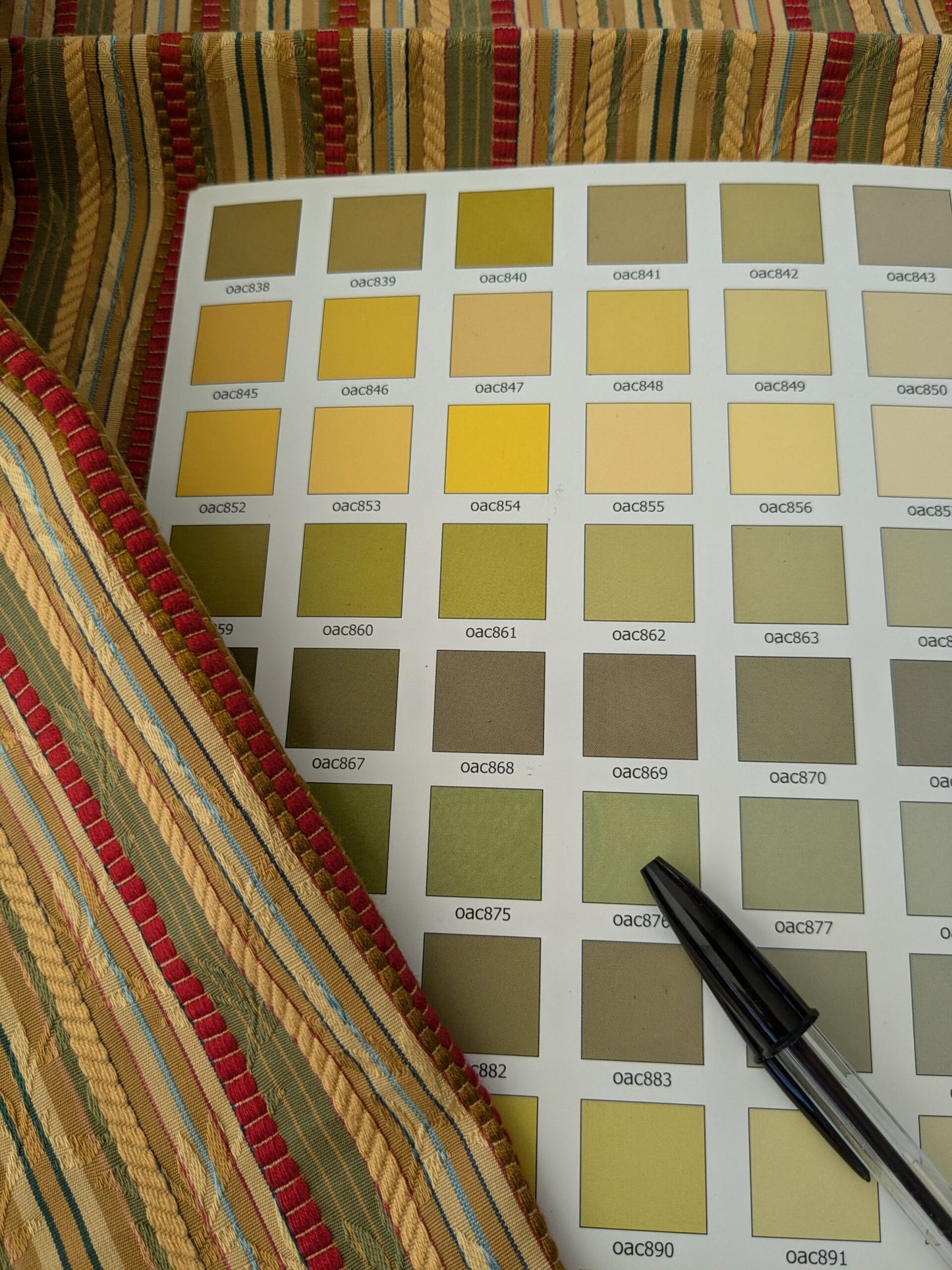 99 EV47 Square Scalamandre Ravello Stripe Mustard Tarragon and Ruby Cotton Green Beige Red