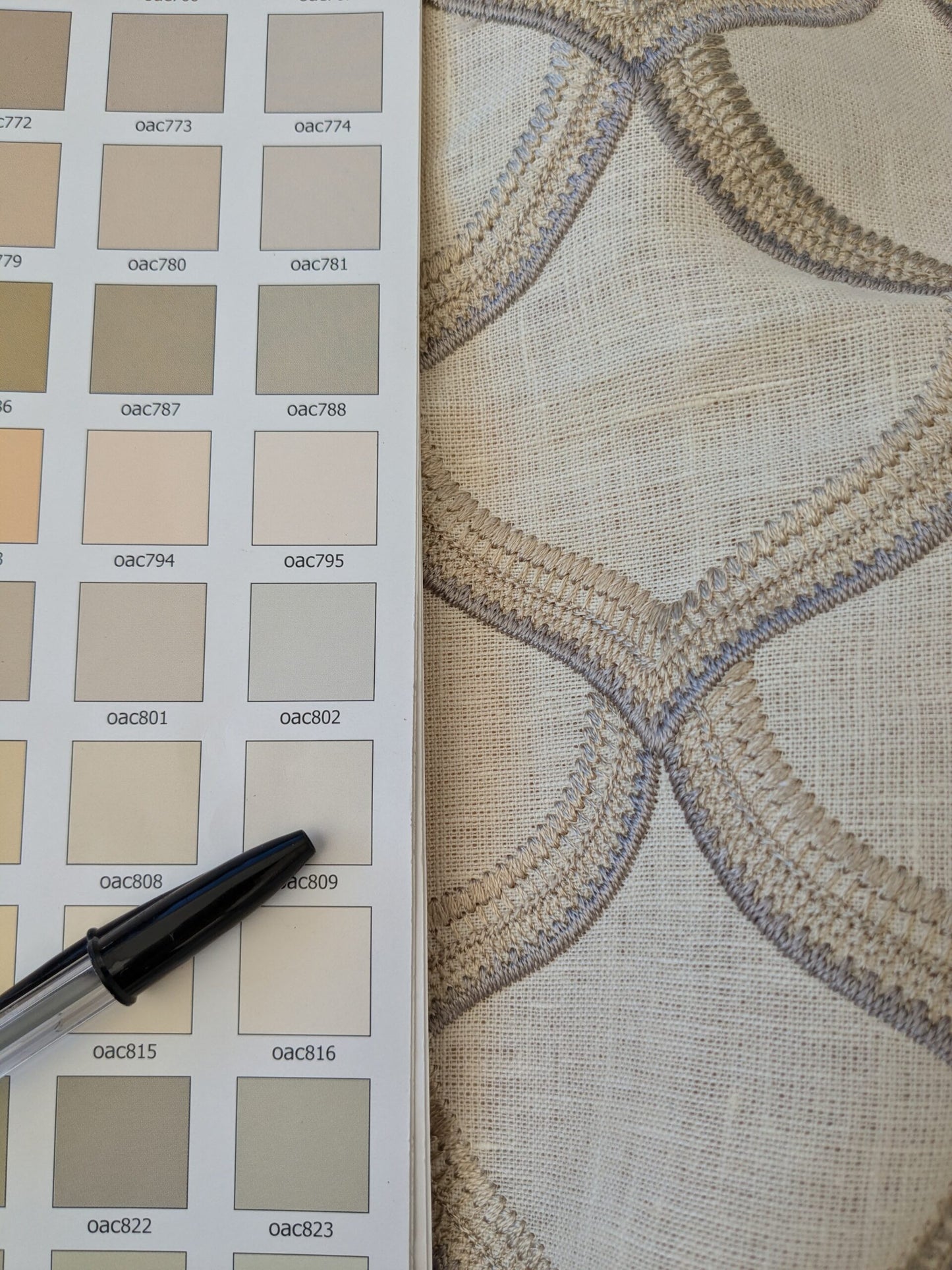 104 EV47 Square Scalamandre Grey Watkins Pichola Grey Cream White Sheers Linen Embroidery Diamond Ogee MSRP USD 300+/y